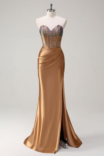 Brown Sweetheart Beaded Mermaid Satin Formal Dress with Slit